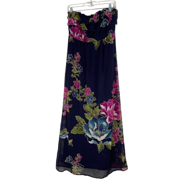 Xhilaration Strapless Floral Maxi Dress L Navy Chiffon Overlay RY10376 Island - Picture 2 of 7